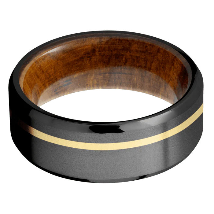 8mm wide Beveled Black Zirconium Ring with Bead Blast Finish / One 1mm Off Center 18k Yellow Gold Inlay with Bead Blast Finish / Desert Iron Wood Sleeve - Image 3