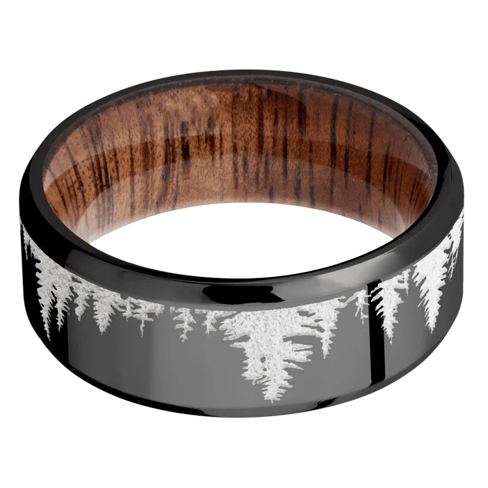 8mm wide Beveled Black Zirconium Ring with Polish Finish / Trees Design and Snow White Cerakote Accents / Koa Sleeve - Image 3