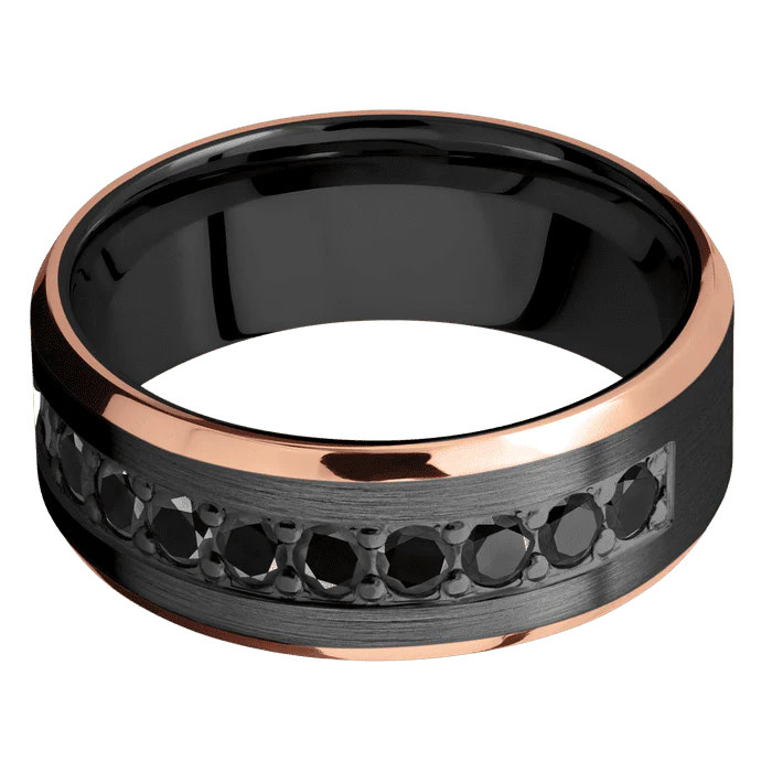 8mm wide Beveled Black Zirconium Ring with Satin Finish / Two 1mm Edge 14k Rose Gold Inlay with Polish Finish / Half Eternity Round .07 carat Black Diamond Bead-Set Gemstones - Image 3
