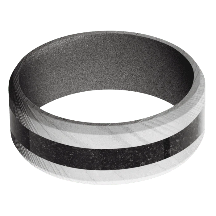 8mm wide Beveled Damascus Steel Ring with Bead Blast Damascus Finish / One 3mm Centered Black Dinosaur Bone Inlay / Gun Metal Grey Cerakote Sleeve - Image 3