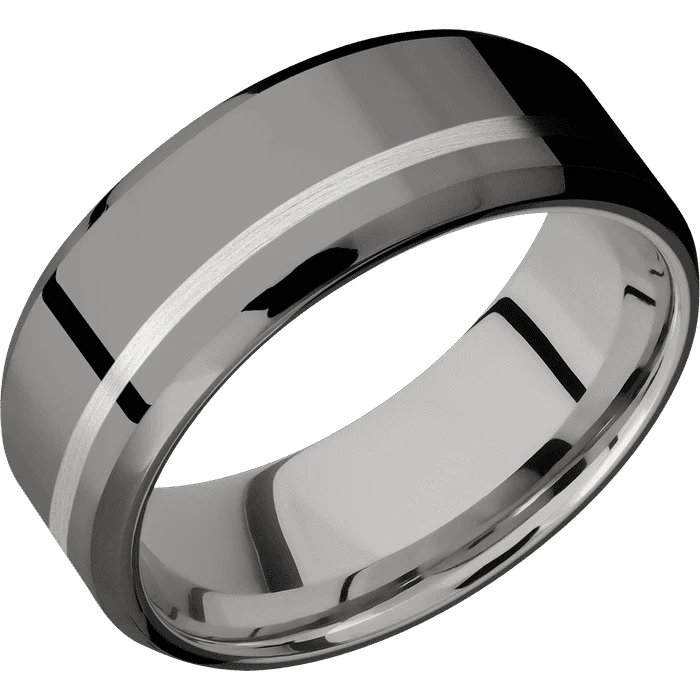 8mm wide Beveled Darkened Tantalum Ring with Polish Finish / One 1mm Off Center Platinum Inlay with Satin Finish / Inconel Sleeve
