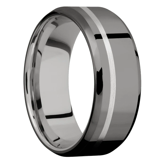 8mm wide Beveled Darkened Tantalum Ring with Polish Finish / One 1mm Off Center Platinum Inlay with Satin Finish / Inconel Sleeve - Image 2