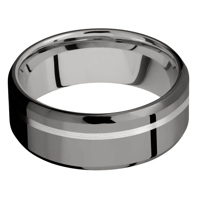 8mm wide Beveled Darkened Tantalum Ring with Polish Finish / One 1mm Off Center Platinum Inlay with Satin Finish / Inconel Sleeve - Image 3