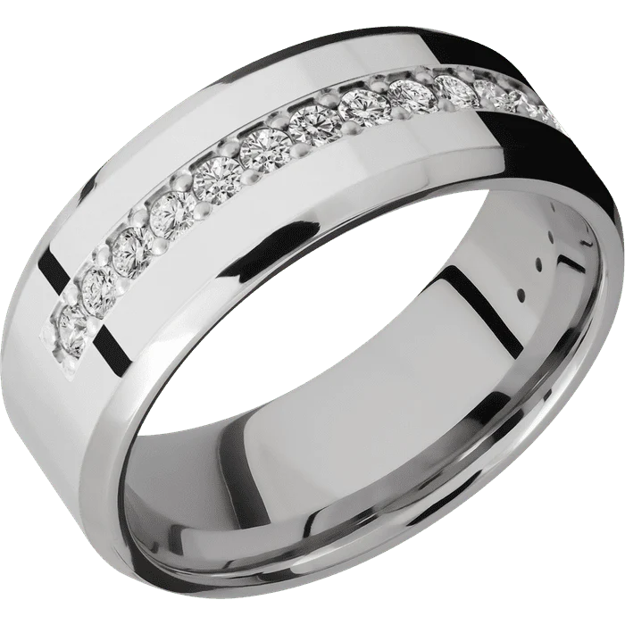 8mm wide Beveled Inconel Ring with Polish Finish / Half Eternity Round .03 carat Lab Grown Diamond Bead-Set Gemstones