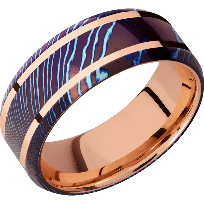 8mm wide Beveled Kuro-Ti Ring with Polish Kuro-Ti Finish / Two 1mm Wide 14k Rose Gold Inlay with Polish Finish / 14k Rose Gold Sleeve