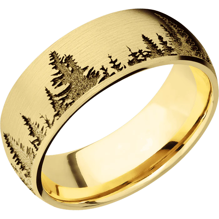 8mm wide Domed 10k Yellow Gold Ring with Satin Finish / Trees Design