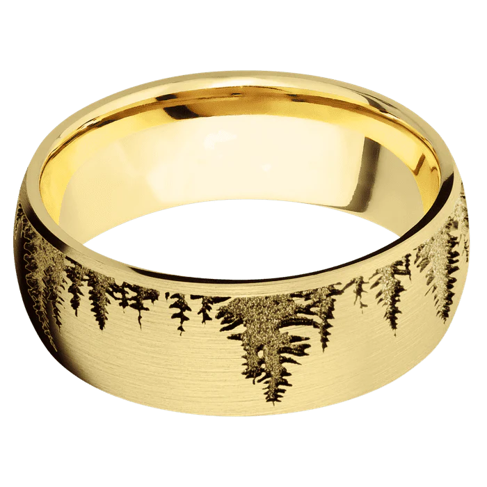 8mm wide Domed 10k Yellow Gold Ring with Satin Finish / Trees Design - Image 3