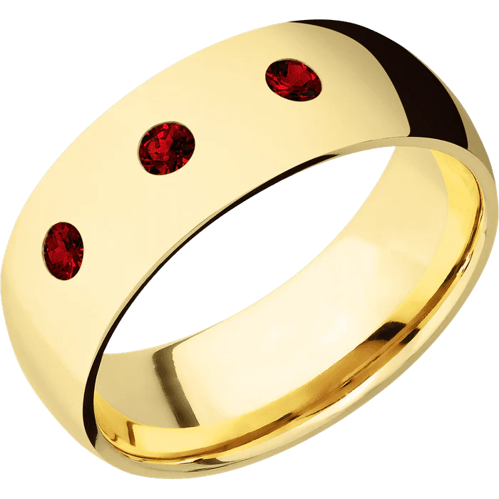 8mm wide Domed 18k Yellow Gold Ring with Polish Finish / 3 Round .1 carat Dark Ruby Flush-Set Gemstones