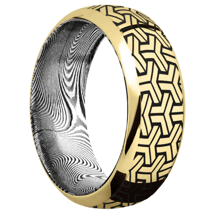 8mm wide Domed Bevel 14k Yellow Gold Ring with Polish Finish / Geoweave Design and Black Cerakote Accents / Tightweave Damascus Steel Sleeve - Image 2