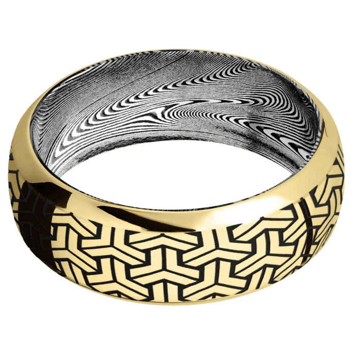 8mm wide Domed Bevel 14k Yellow Gold Ring with Polish Finish / Geoweave Design and Black Cerakote Accents / Tightweave Damascus Steel Sleeve - Image 3