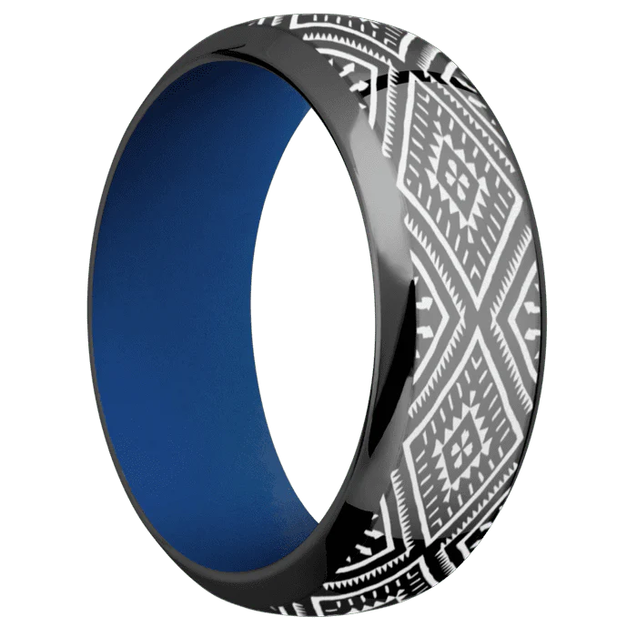 8mm wide Domed Bevel Black Zirconium Ring with Polish Finish / Aztec 1 Design and Snow White Cerakote Accents / Royal Blue Cerakote Sleeve - Image 2