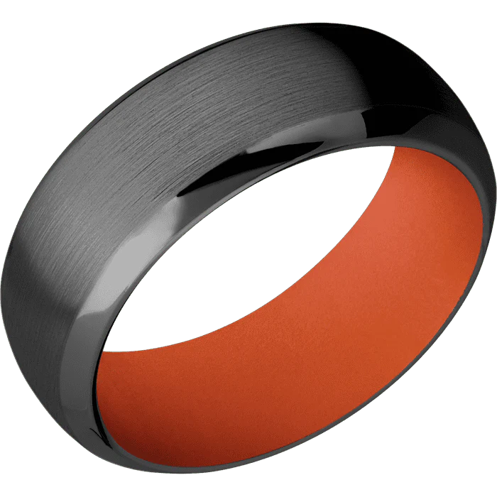 8mm wide Domed Bevel Black Zirconium Ring with Satin Finish / Hunter Orange Cerakote Sleeve