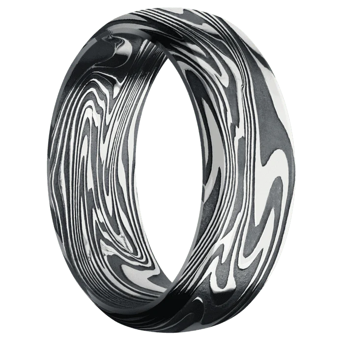 8mm wide Domed Bevel Kinetic Damascus Steel Ring with Tumble Kuro Damascus Finish - Image 2