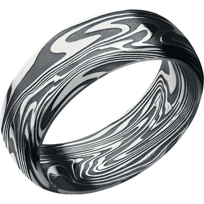 8mm wide Domed Bevel Kinetic Damascus Steel Ring with Tumble Kuro Damascus Finish
