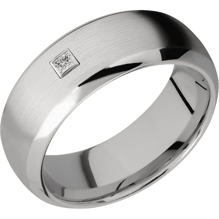8mm wide Domed Bevel Titanium Ring with Satin Finish / 1 Princess .06 carat Diamond Bezel-Set Gemstones