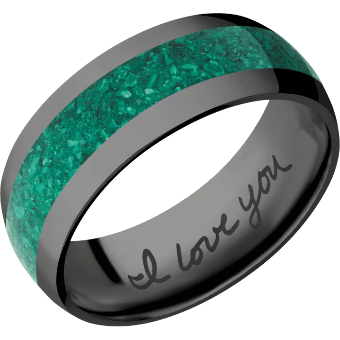 8mm wide Domed Black Titanium Ring with Polish Finish / One 4mm Centered Malachite Inlay / None Interior Pattern