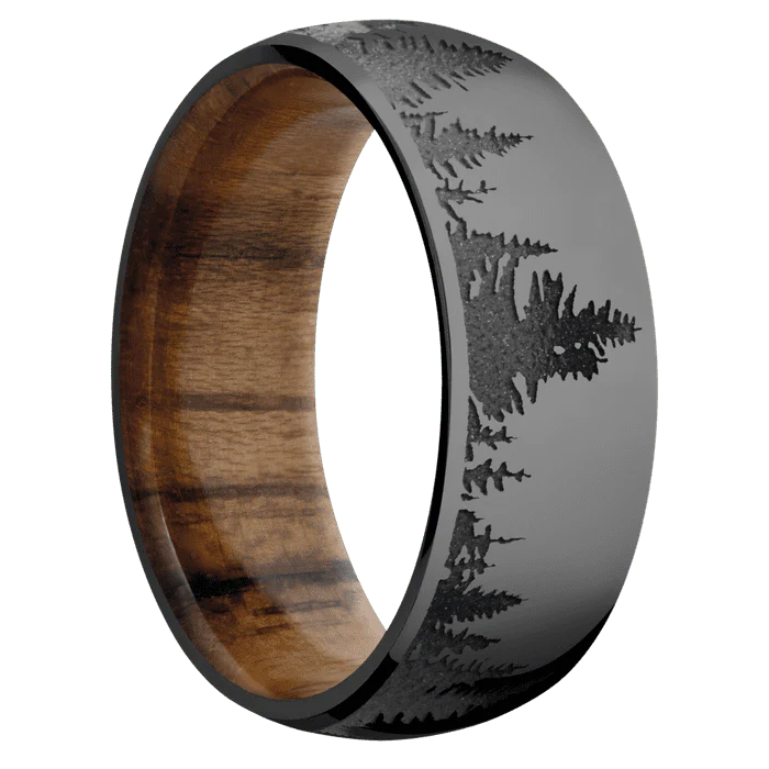 8mm wide Domed Black Titanium Ring with Polish Finish / Trees Design and Dark Grey Cerakote Accents / Teak Sleeve - Image 2