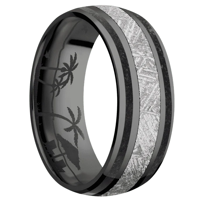 8mm wide Domed Black Titanium Ring with Polish Finish / Two 1mm Wide Black Dinosaur Bone Inlay / One 3mm Centered Meteorite Inlay / None Interior Pattern - Image 2