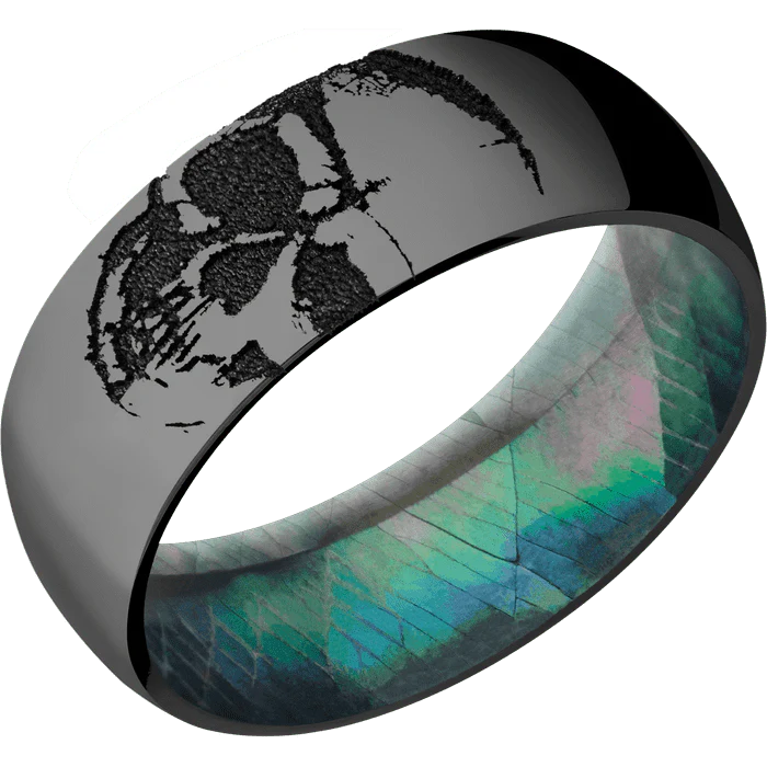 8mm wide Domed Black Zirconium Ring with Polish Finish / Skull Design / Black Mother of Pearl Sleeve