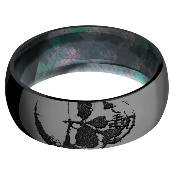 8mm wide Domed Black Zirconium Ring with Polish Finish / Skull Design / Black Mother of Pearl Sleeve - Image 3