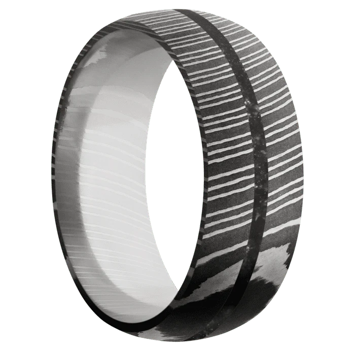 8mm wide Domed Damascus Steel Ring with Acid Damascus Finish / One 1mm Centered Black Onyx Inlay - Image 2