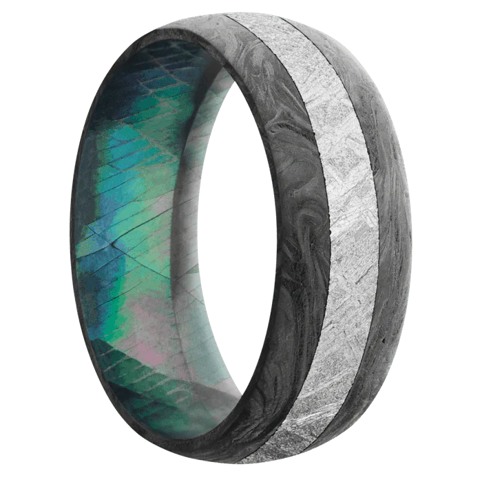 8mm wide Domed Forged Carbon Fiber Ring / One 3mm Centered Meteorite Inlay and Highland Green Cerakote Accents / Black Mother of Pearl Sleeve - Image 2