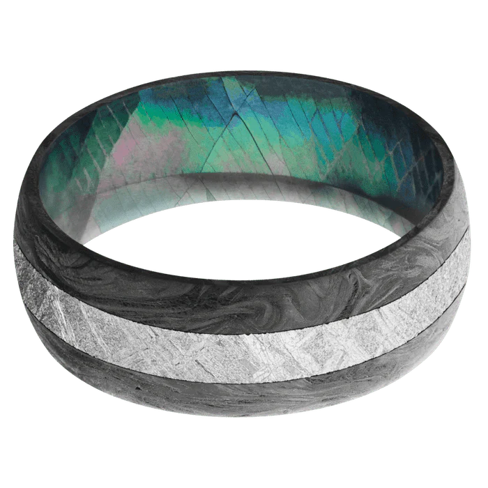 8mm wide Domed Forged Carbon Fiber Ring / One 3mm Centered Meteorite Inlay and Highland Green Cerakote Accents / Black Mother of Pearl Sleeve - Image 3