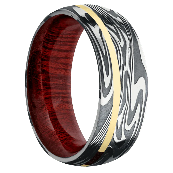 8mm wide Domed Kinetic Damascus Steel Ring with Tumble Kuro Damascus Finish / One 1mm Off Center 14k Yellow Gold Inlay with Polish Finish / Blood Wood Sleeve - Image 2