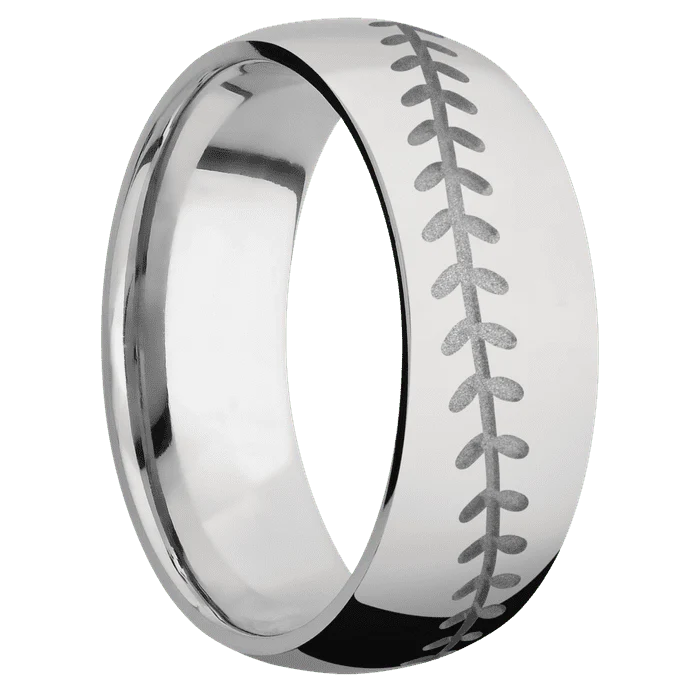 8mm wide Domed Titanium Ring with Polish Finish / Baseball Design and Crushed Silver Cerakote Accents - Image 2