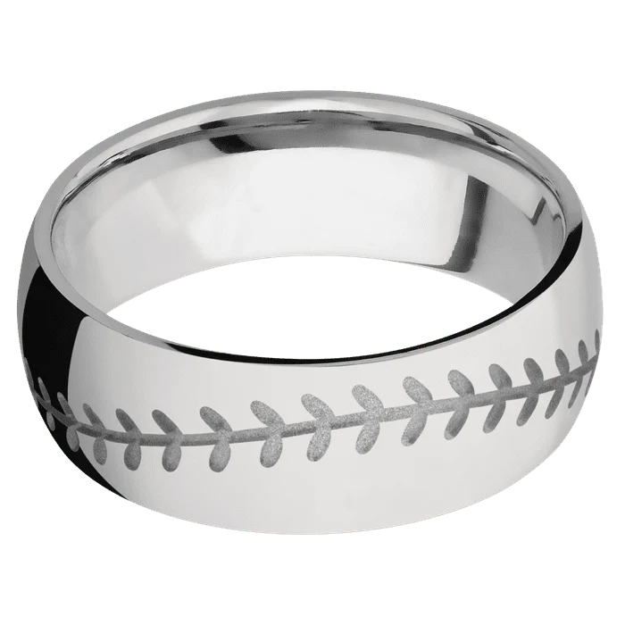 8mm wide Domed Titanium Ring with Polish Finish / Baseball Design and Crushed Silver Cerakote Accents - Image 3