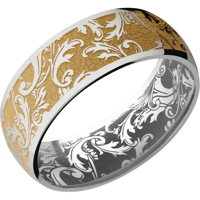 8mm wide Domed Titanium Ring with Polish Finish / Black Leaf Design and Gold Cerakote Accents / None Interior Pattern