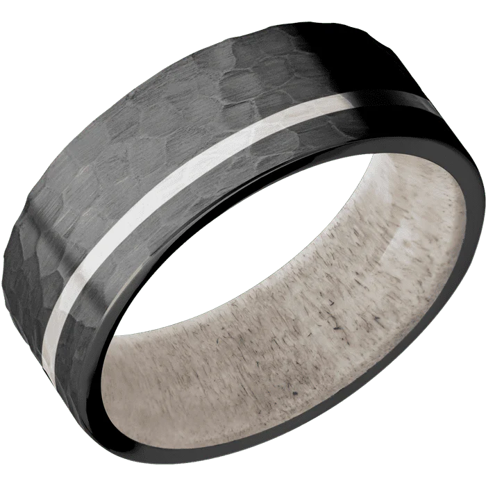 8mm wide Flat Black Titanium Ring with Hammer Finish / One 1mm Off Center Palladium Silver Inlay with Hammer Finish / Antler Sleeve