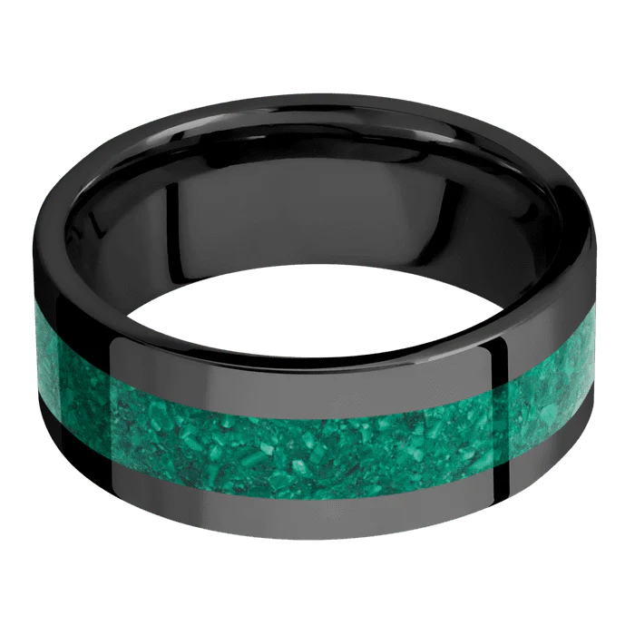 8mm wide Flat Black Titanium Ring with Polish Finish / One 4mm Centered Malachite Inlay - Image 3