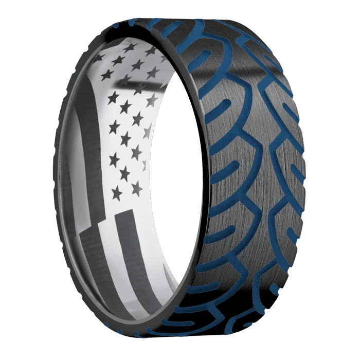 8mm wide Flat Black Titanium Ring with Satin Finish / Cycle Design and Ridgeway Blue Cerakote Accents / Tantalum Sleeve / None Interior Pattern - Image 2