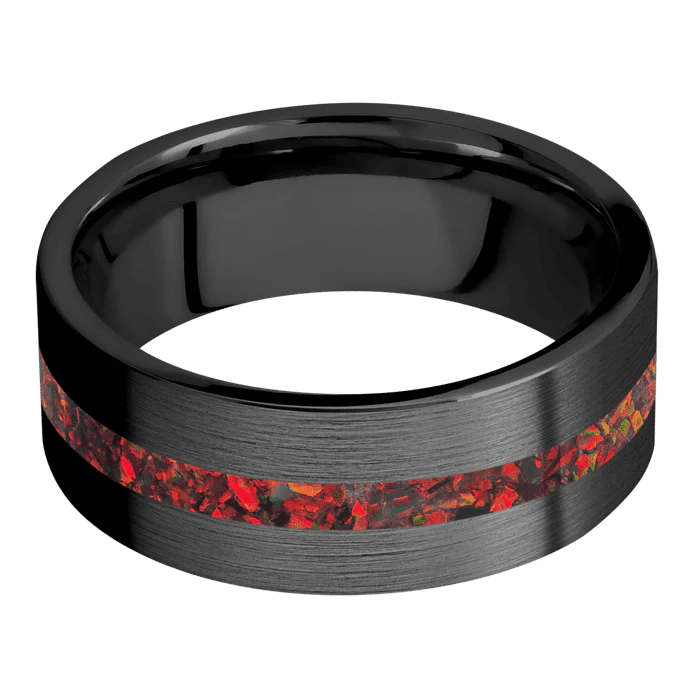8mm wide Flat Black Titanium Ring with Satin Finish / One 2mm Centered Ruby Red Opal Inlay - Image 3
