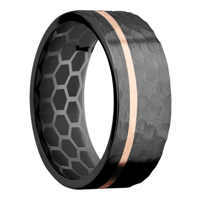 8mm wide Flat Black Zirconium Ring with Hammer Finish / One 1mm Off Center 14k Rose Gold Inlay with Hammer Finish / None Interior Pattern - Image 2