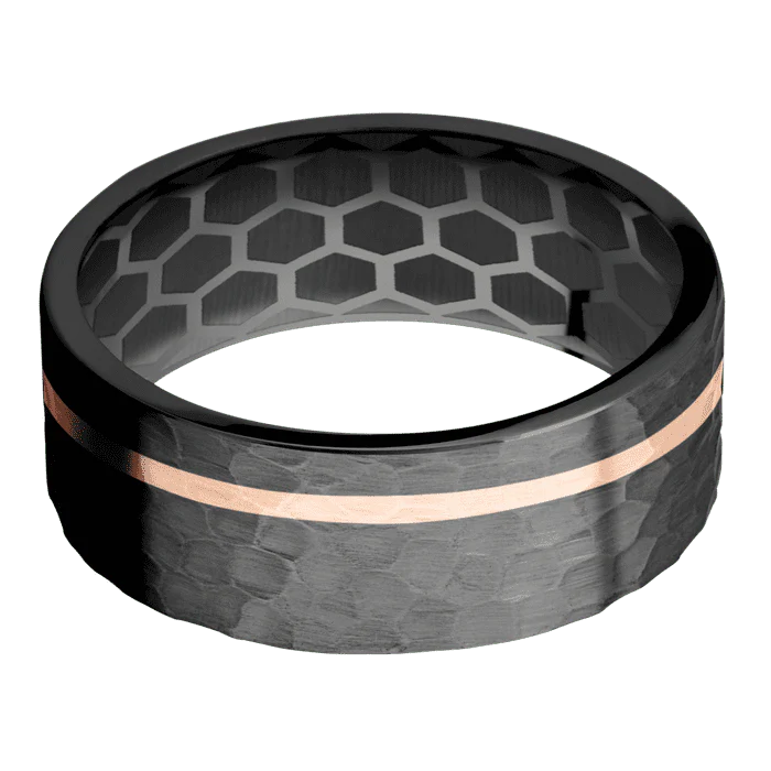 8mm wide Flat Black Zirconium Ring with Hammer Finish / One 1mm Off Center 14k Rose Gold Inlay with Hammer Finish / None Interior Pattern - Image 3