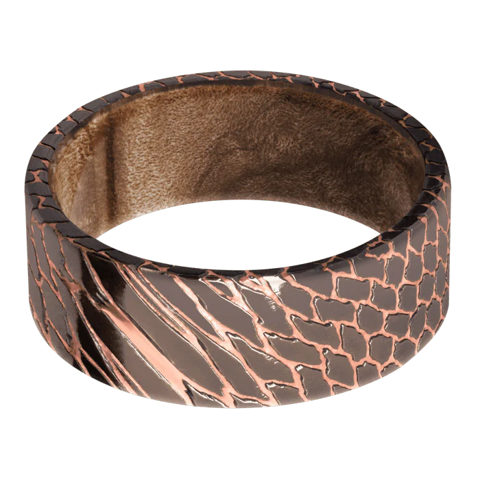8mm wide Flat Darkened Superconductor Ring with Polish Etched Superconductor Finish / Maple Burl Sleeve - Image 3