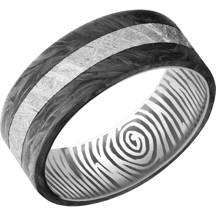 8mm wide Flat Forged Carbon Fiber Ring / One 4mm Off Center Edge Meteorite Inlay / Titanium Sleeve / None Interior Pattern
