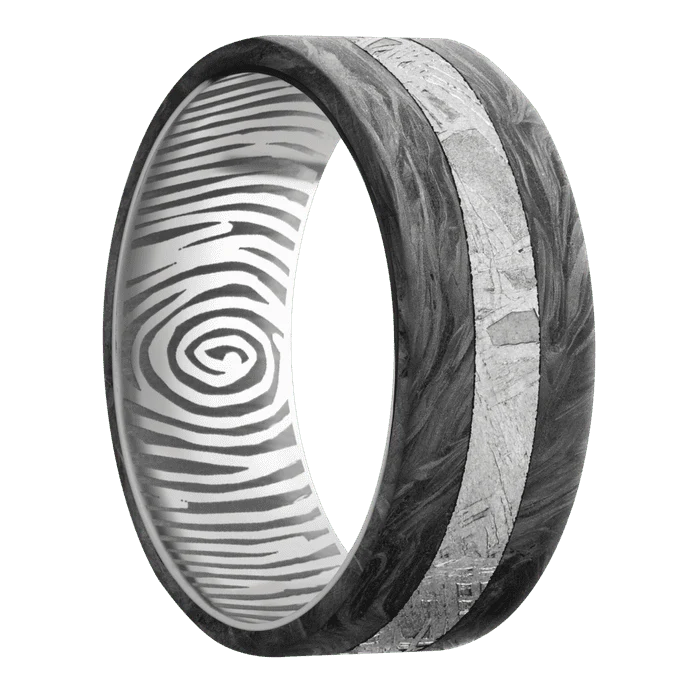 8mm wide Flat Forged Carbon Fiber Ring / One 4mm Off Center Edge Meteorite Inlay / Titanium Sleeve / None Interior Pattern - Image 2