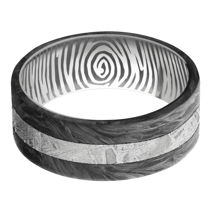 8mm wide Flat Forged Carbon Fiber Ring / One 4mm Off Center Edge Meteorite Inlay / Titanium Sleeve / None Interior Pattern - Image 3
