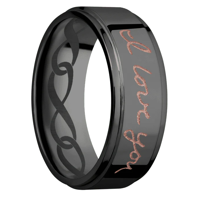 8mm wide Flat Grooved Edges Black Zirconium Ring with Polish Finish / Hand Writing Design and Rose Gold Cerakote Accents / None Interior Pattern - Image 2
