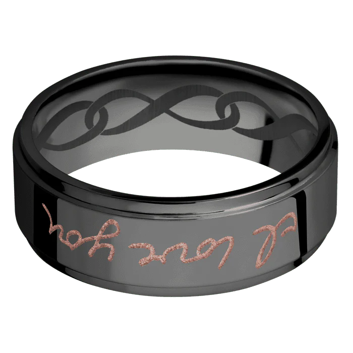 8mm wide Flat Grooved Edges Black Zirconium Ring with Polish Finish / Hand Writing Design and Rose Gold Cerakote Accents / None Interior Pattern - Image 3