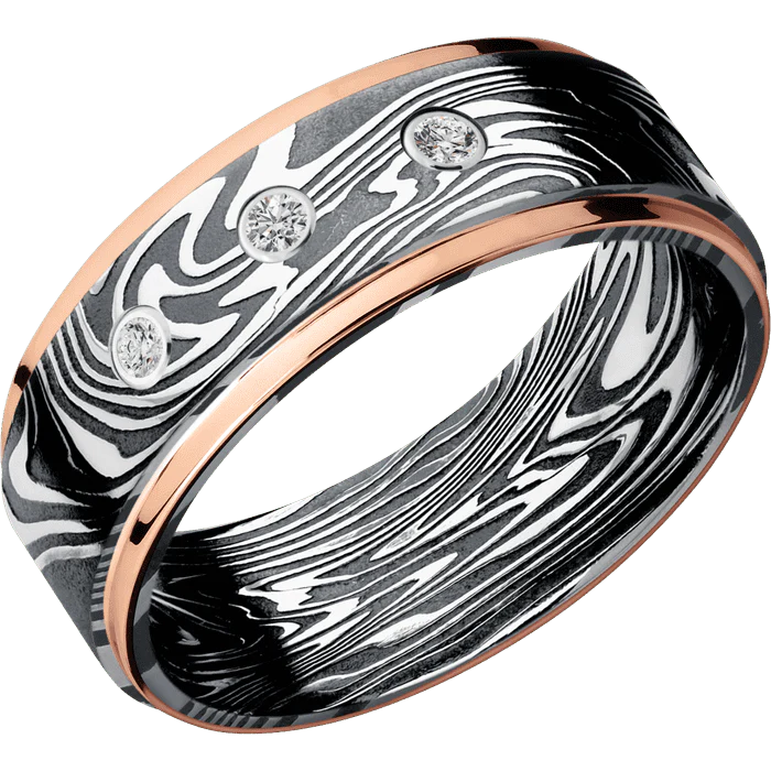8mm wide Flat Grooved Edges Kinetic Damascus Steel Ring with Tumble Kuro Damascus Finish / Two 1mm Edge 14k Rose Gold Inlay with Polish Finish / 3 Round .03 carat Standard Diamond Bezel-Set Gemstones
