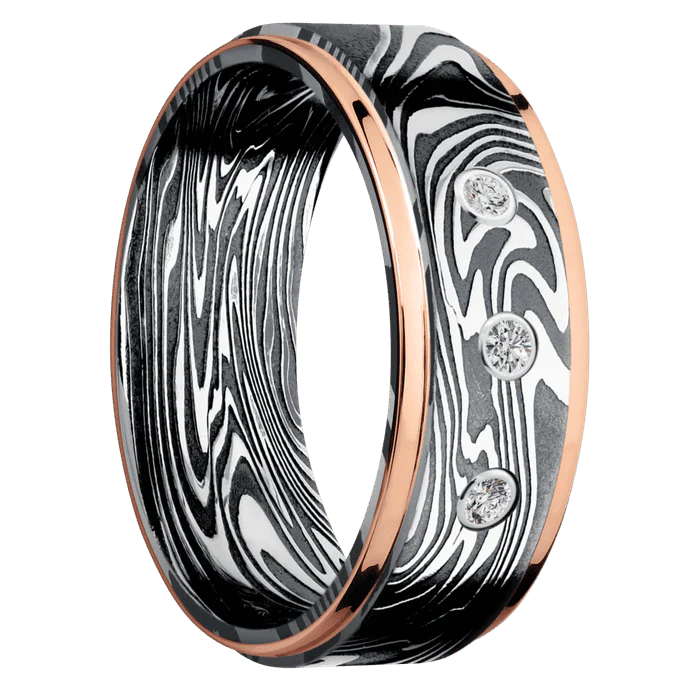 8mm wide Flat Grooved Edges Kinetic Damascus Steel Ring with Tumble Kuro Damascus Finish / Two 1mm Edge 14k Rose Gold Inlay with Polish Finish / 3 Round .03 carat Standard Diamond Bezel-Set Gemstones - Image 2