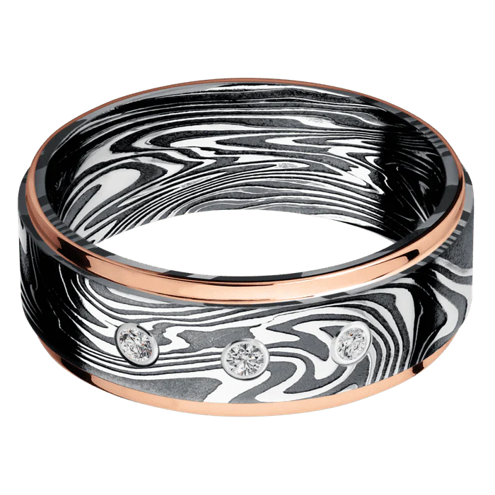 8mm wide Flat Grooved Edges Kinetic Damascus Steel Ring with Tumble Kuro Damascus Finish / Two 1mm Edge 14k Rose Gold Inlay with Polish Finish / 3 Round .03 carat Standard Diamond Bezel-Set Gemstones - Image 3
