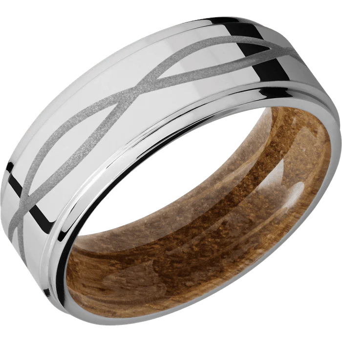 8mm wide Flat Grooved Edges Palladium Silver Ring with Polish Finish / Infinity Design and Crushed Silver Cerakote Accents / Whiskey Barrel Sleeve