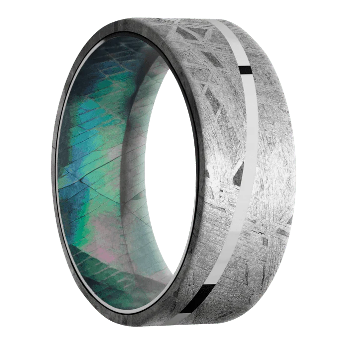 8mm wide Flat Meteorite Ring / One 1mm Angled 14k White Gold Inlay with Polish Finish / Black Mother of Pearl Sleeve - Image 2