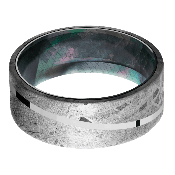 8mm wide Flat Meteorite Ring / One 1mm Angled 14k White Gold Inlay with Polish Finish / Black Mother of Pearl Sleeve - Image 3