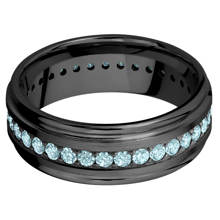 8mm wide Flat Rounded Edges Black Titanium Ring with Satin Finish / Eternity Round .03 carat Aqua Diamond Bead-Set Gemstones - Image 3